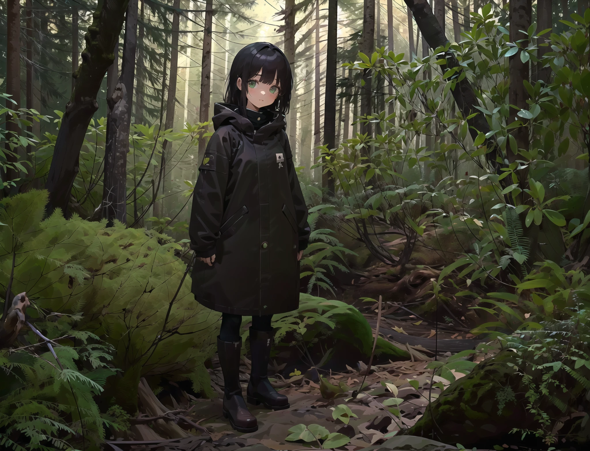 masterpiece, best quality, ultra-detailed, illustration,impasto, painting, tree, shrub, moss, moss cover branches, nature, scenery, fallen leaves, pine tree, forest,1girl,solo,looking at viewer,standing,wear raincoat,black long boots,<lora:forest:1:FO>