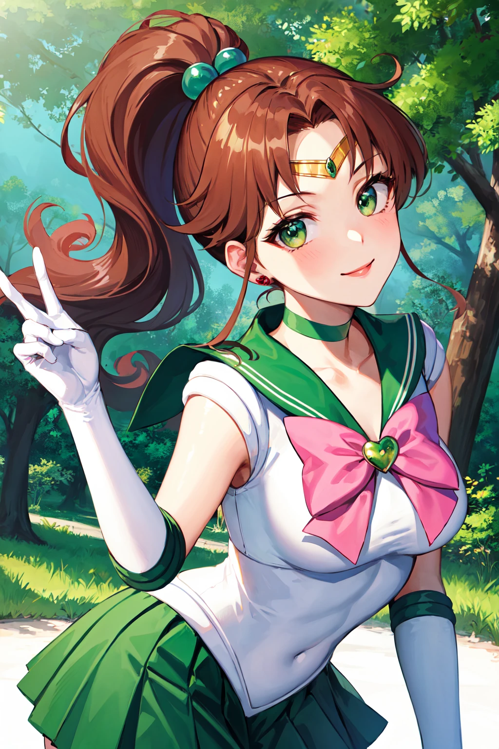 masterpiece, best quality, highres, hmjupiter, green eyes, ponytail, tiara, jewelry, sailor senshi uniform, green sailor collar, choker, elbow gloves, white gloves, pink bow, brooch, white leotard, green skirt, pleated skirt, <lora:sailor_jupiter_v1:0.7>, peace sign, smile, leaning forward, outdoors,