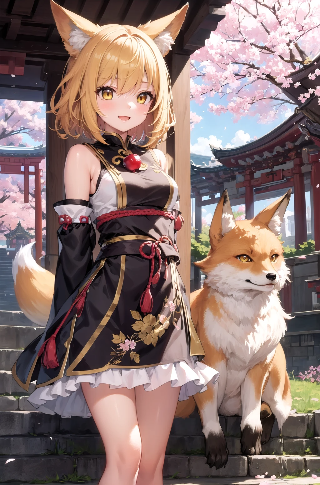 masterpiece, best quality, 1girl, yellow eyes, medium hair, stairs, cherry blossoms, temple, fox girl, detached sleeves, animal ears, happy, arms behind back,