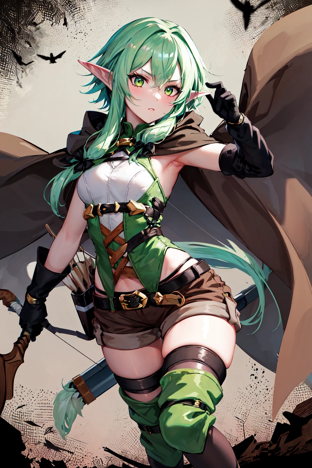 masterpiece, best quality, highres, 1girl, elf, pointy ears, green hair, long hair, sidelocks, hair bow, small breasts, cloak, green eyes, black gloves, brown shorts, green thighhighs, short shorts, belt, <lora:high_elf_archer_v1:0.6>, holding weapon, bow \(weapon\), arrow \(projectile\),