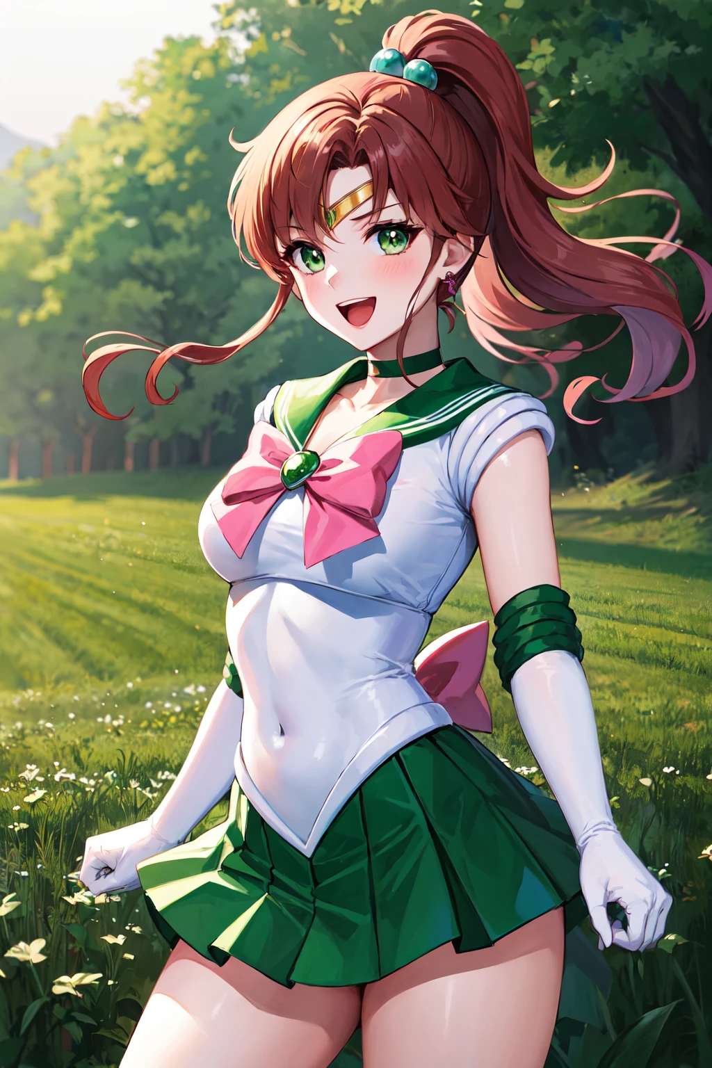 masterpiece, best quality, highres, hmjupiter, green eyes, ponytail, tiara, jewelry, sailor senshi uniform, green sailor collar, choker, elbow gloves, white gloves, pink bow, brooch, leotard, green skirt, <lora:sailor_jupiter_v1:0.7>, cowboy shot, standing, field, smile, open mouth,