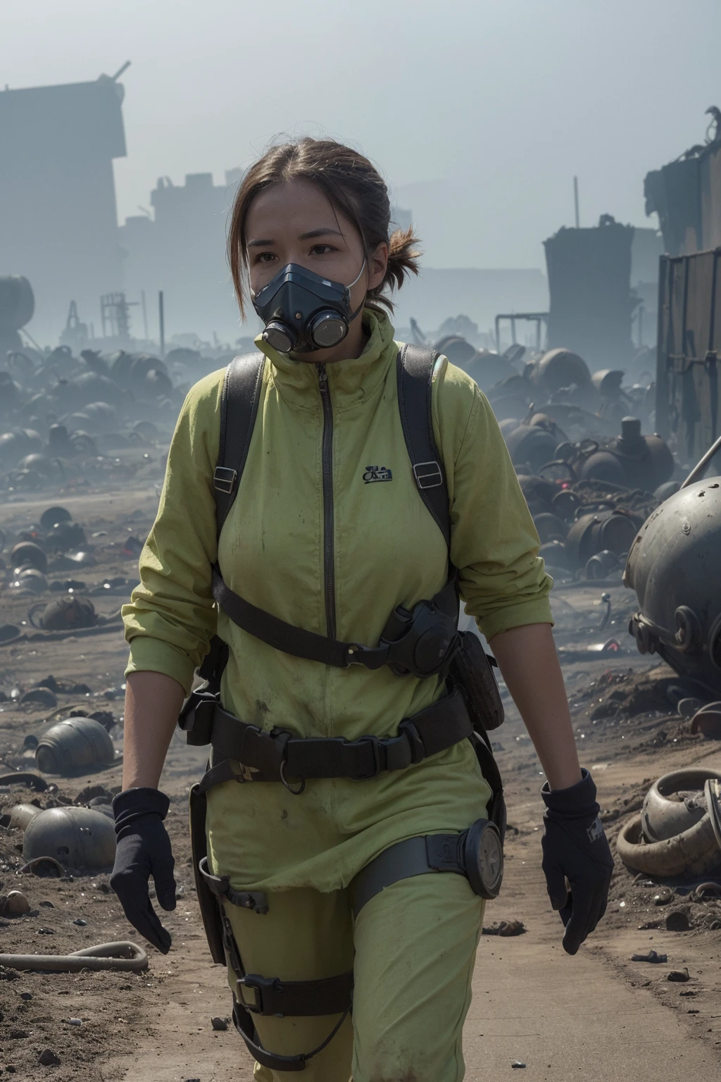 woman in yellow and green outfit walking through a dirty area, set in post apocalyptic tokyo, 8 k movie still, still from a live action movie, sil from species, in a post apocalyptic setting, photograph of a techwear woman, post - apocalyptic vibe, post apocalyptic tokyo, post - apocalyptic style, apocalyptic 8 k, apocalyptic 8k, in a post-apocalyptic wasteland