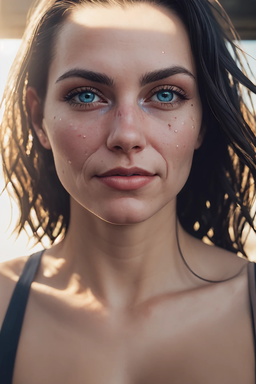 Bokeh, raw, ((streaked sunlight over face)), close portrait, (extreme skin details), skinny (30yo Scottish woman), ultra realistic, rule of thirds, dramatic overhead lighting, detailed face, cute, shallow depth of field, intricate details, god rays, light leaks