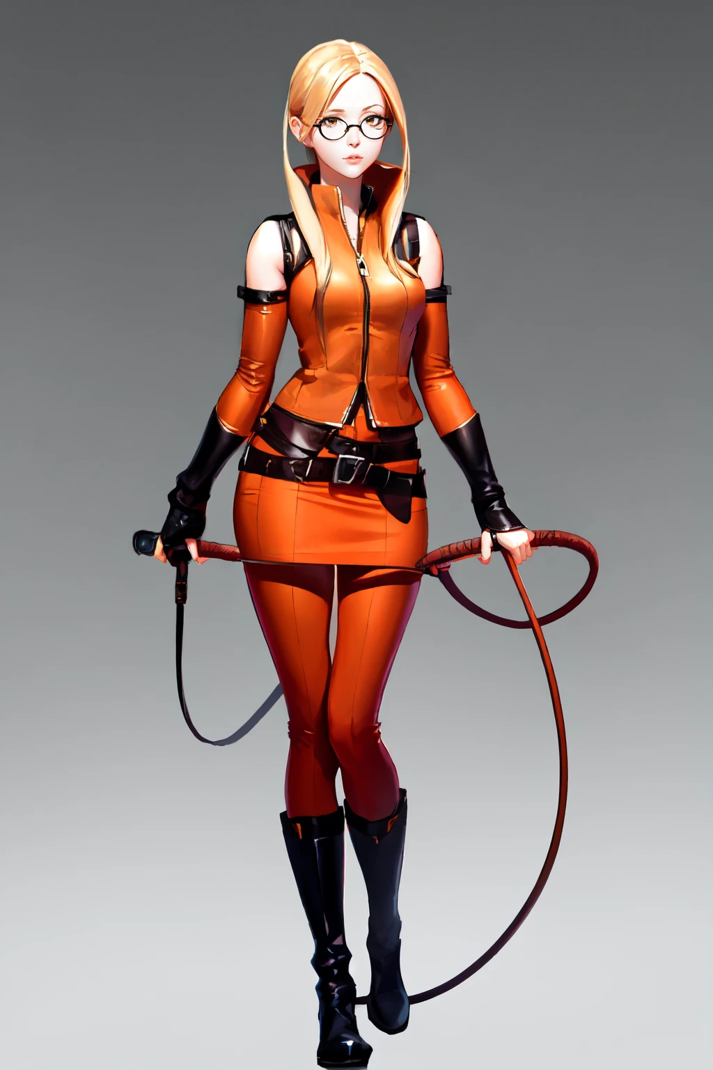 Highly detailed, High Quality, Masterpiece, beautiful, Whip, holding whip,  <lora:UnlimitedBladeWorksV1:1>, full body, quistis, orange jacket, detached sleeves, orange skirt, belt, leggings, boots, glasses, <lora:Char_FF8_QuistisTrepe:0.7>