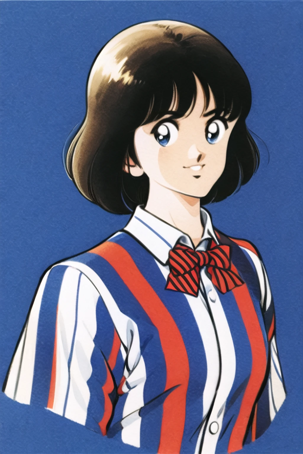 <lora:Adachi:0.9>,1girl, solo, black hair, bow, white background, retro artstyle, blue eyes, simple background, striped, shirt, bowtie, short hair, striped bow, white shirt, looking at viewer, school uniform, portrait, upper body, red bow, bob cut, smile, bangs