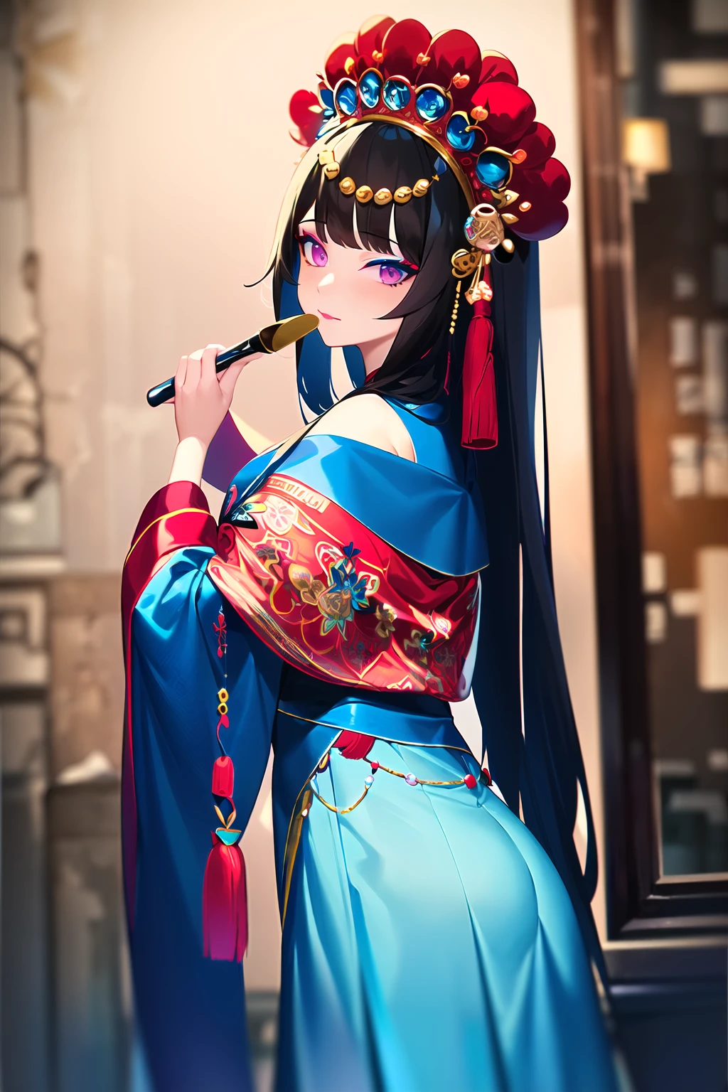 masterpiece,
1 girl, CNoperaCostume, CNoperaheaddress, CNoperaFlag, (makeup), tassel, low Saturation, darker, black hair, headdress, from side, looking at viewer,
