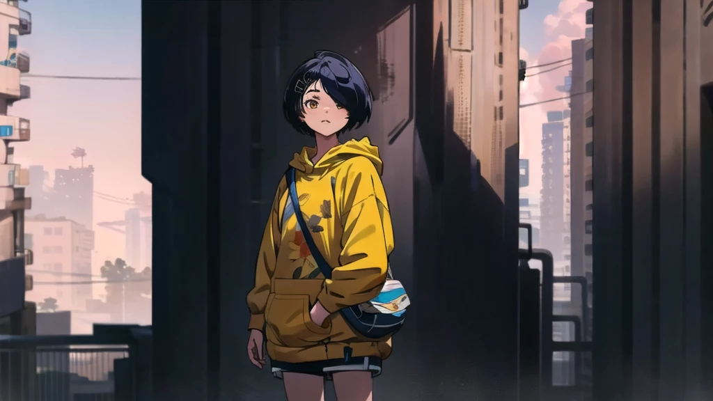 best quality, 4K wallpaper, masterpiece, extremely detailed CG unity 8k wallpaper, extremely detailed eyes, ultra-detailed, intricate details, 1girl, ohto ai, multicolored eyes, navy hair, yellow hoodie, floral print, shoulder bag, standing, cyberpunk city, science fiction, futuristic object, <lora:duobackground:0.6> <lora:aiohtocharacter:0.7>