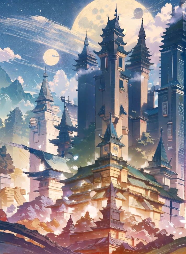 best quality, 4K wallpaper, masterpiece, extremely detailed CG unity 8k wallpaper, extremely detailed eyes, ultra-detailed, intricate details, fantasy background, potrait, beautifull wallpaper, forest, mushroom tree, night, cloudy sky, full moon, planet, rainbow,   <lora:duobackground:1>