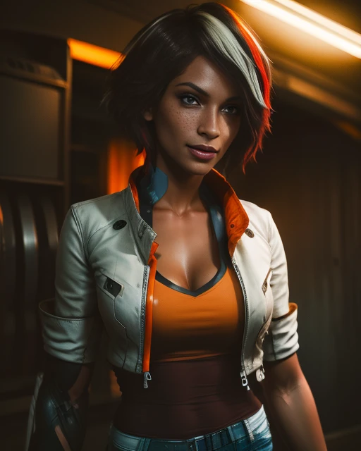 Nillin,multicolored hair,blue eyes, short hair brown hair,white hair,freckles,  solo,  close up, upper body, smiling, 
NiClo,demin jeans,belt,cropped jacket, red shirt:1.1, fingerless gloves,boots, mechanical right arm, cleavage, 
standing, serious face,
cyberpunk town, nighttime, outside,
(insanely detailed, beautiful detailed face, masterpiece, best quality)     <lora:Nillin:0.8>