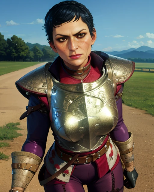 Cassandra,brown eyes,freckles,scar on face, very short black hair ,makeup, solo, facial shot, poitrat, serious expression, mouth closed,
CasAr,brown gauntlets,breastplate,belt,armored boots, red shirt with purple sleeves, stitched purple pants,
near a training dummy, outside, morning,
(insanely detailed, beautiful detailed face, masterpiece, best quality) <lora:Cassandra:0.8>
