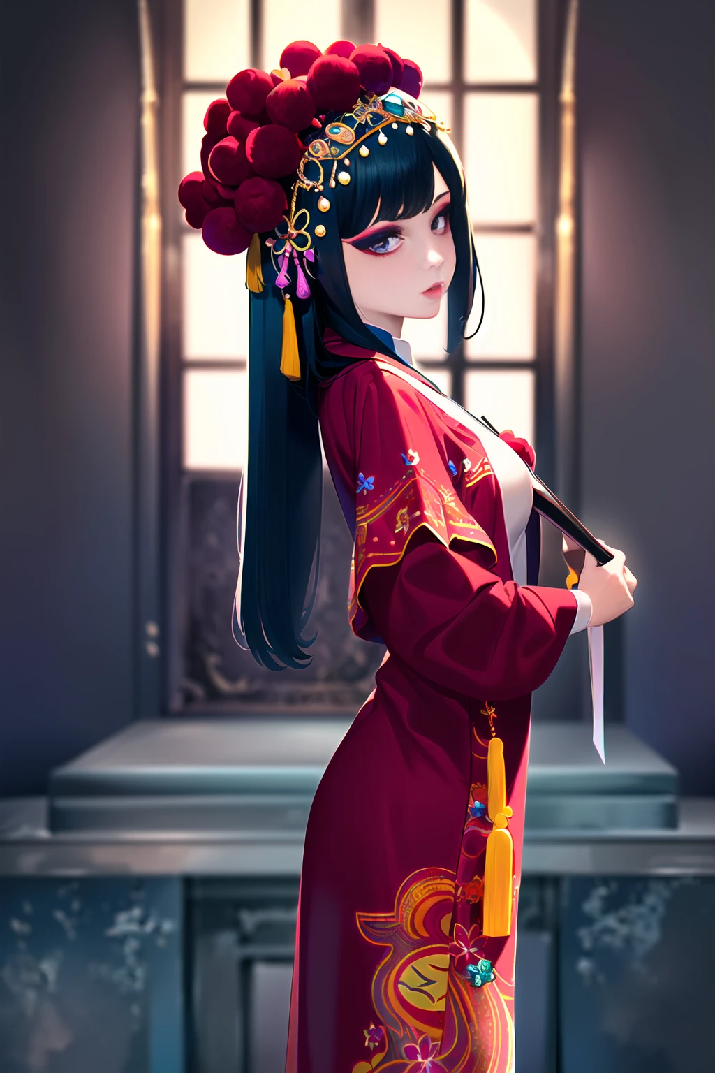masterpiece,
1 girl, CNoperaCostume, CNoperaheaddress, CNoperaFlag, (makeup), tassel, low Saturation, darker, black hair, headdress, from side, looking at viewer,