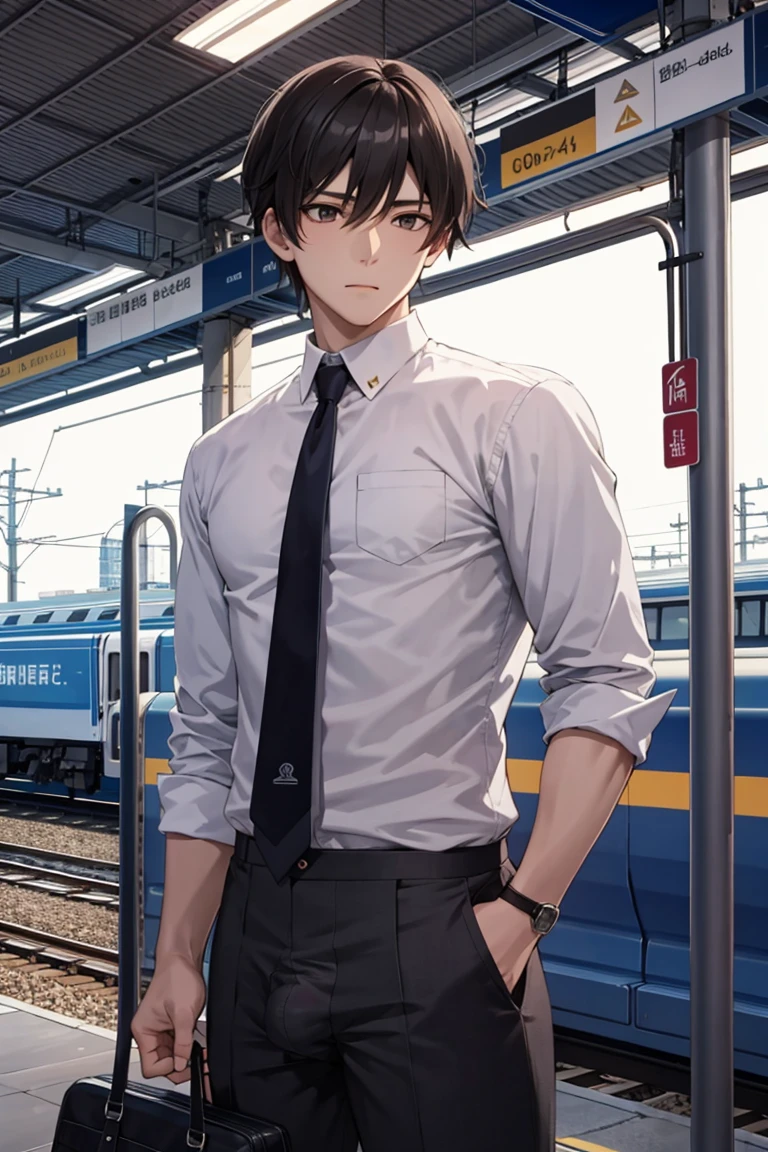 (masterpiece), best quality, high resolution, extremely detailed, detailed background, cinematic lighting, 1boy, male focus, necktie, boxer briefs, erection under clothes, train station