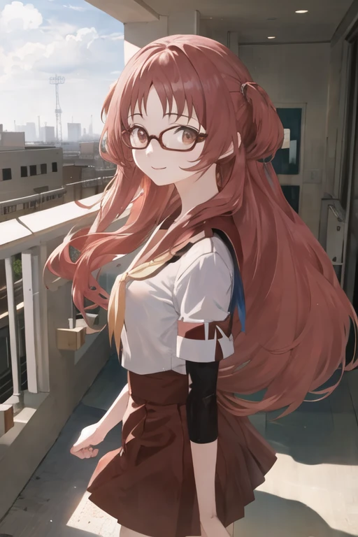 aimie, glasses, walking, smile, looking at viewer, balcony <lora:ai_mie_v3.1-000005:1>