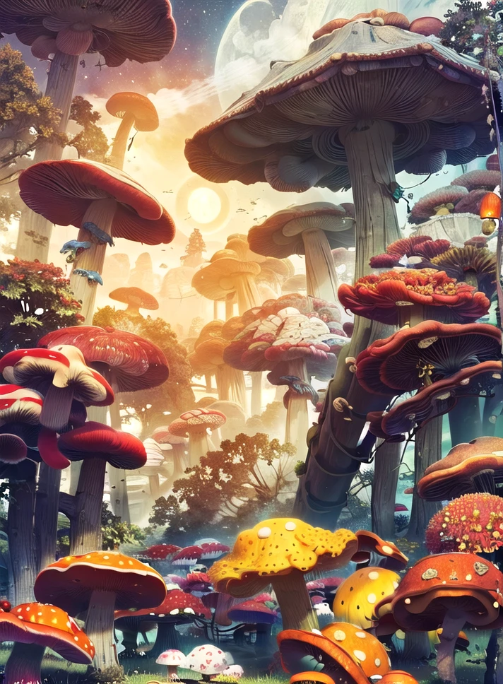 best quality, 4K wallpaper, masterpiece, extremely detailed CG unity 8k wallpaper, extremely detailed eyes, ultra-detailed, intricate details, fantasy, potrait, mushroom forest, night, cloudy sky, full moon, planet, rainbow, outdoors, <lora:duobackground:0.8>