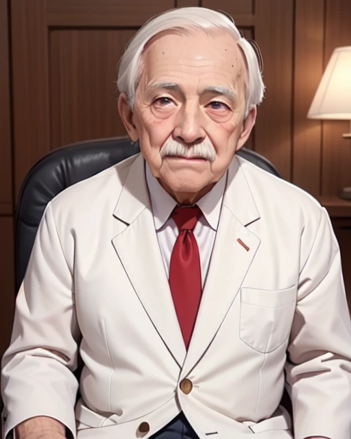(An 80 years old man with nasolabial folds on his face:1.3), (white mustache:1.1), white suits, white short cut corners hair ,long brown red tie, beige jacket, his both fingers in front of his face, Werther's Original, sitting on the chair, glowing eyes, morinaga
