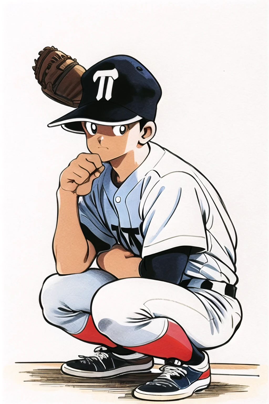<lora:Adachi:0.9>,baseball mitt, solo, baseball uniform, hat, male focus, squatting, 1boy, sportswear, baseball cap, shoes, baseball, simple background, white background, full body, traditional media, black hair, black headwear, socks, pants, black eyes, sneakers, white pants