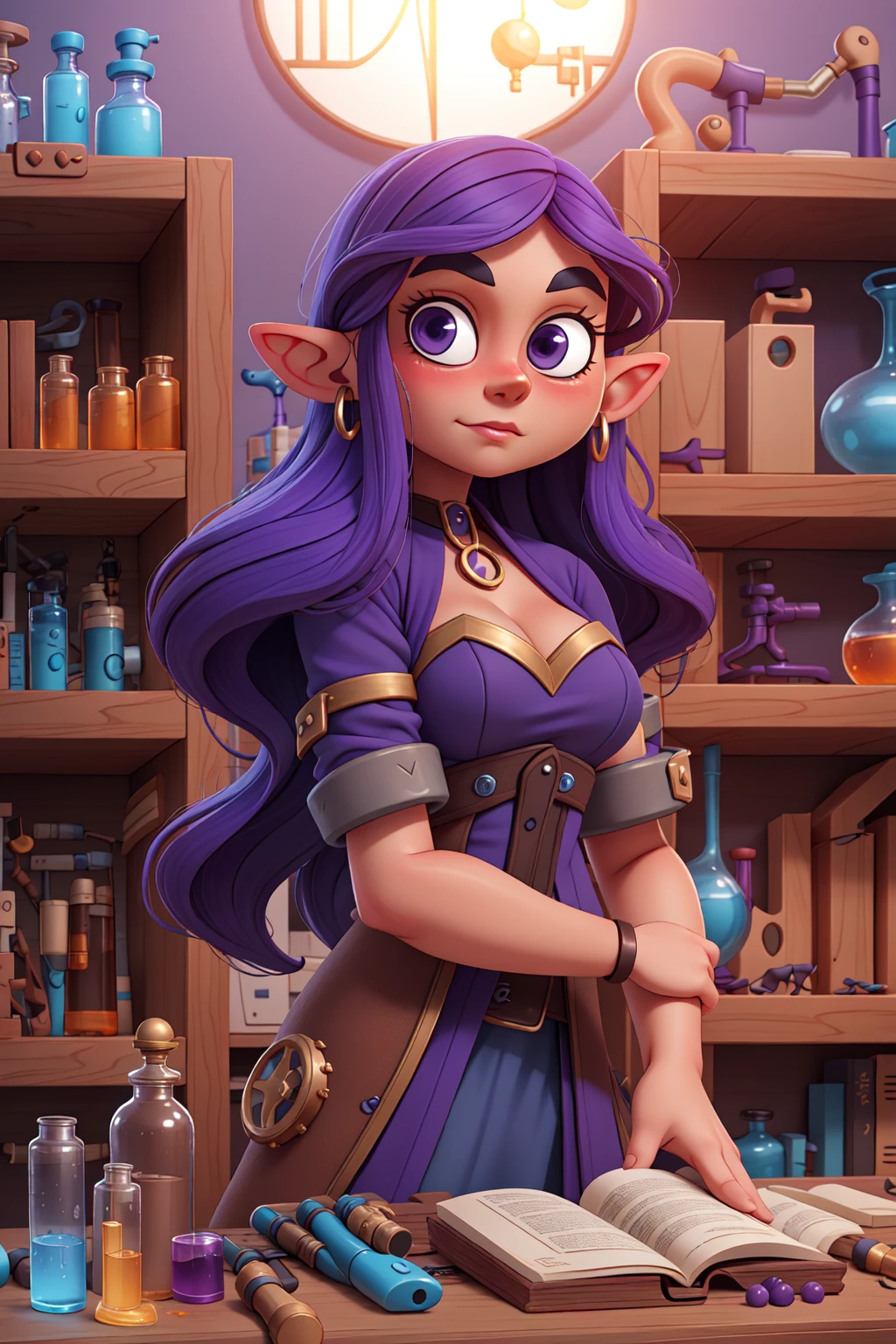 masterpiece, best quality ,1girl,Female, Elven, Alchemist, Making Potion, Steampunk, Lab, Science, Fantasy,  lab background, bookshelves in the background, long purple hair