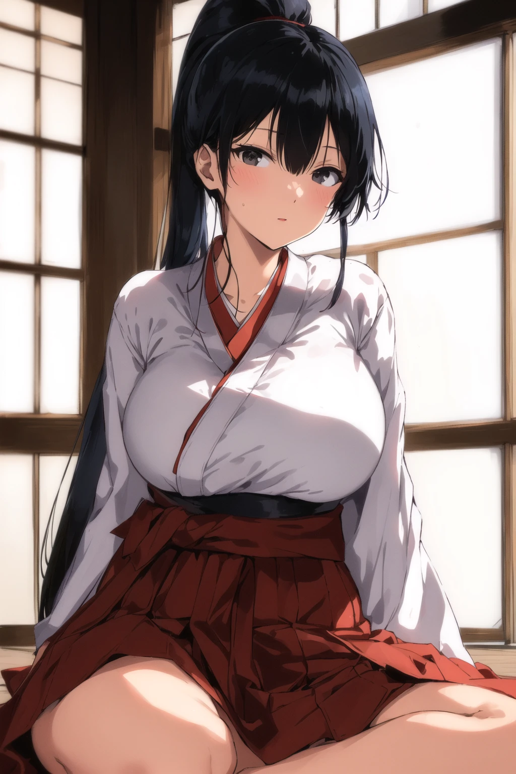(day:1.7), in a room with a window,
sitting on the floor,
red_Hakama with white_kimono,japanese clothes,
<lora:Shiramine_Kuou_Angel_Academy-KK77-V1:0.7>,
Black eyes, Black hair,bangs, Long_hair, High ponytail,
1 girl, 20yo,mature female,Beautiful Finger,Beautiful long legs,Beautiful body,Beautiful Nose,Beautiful character design, perfect eyes, perfect face,
looking at viewer, in the center of the image,focus on face,
NSFW,official art,extremely detailed CG unity 8k wallpaper, perfect lighting,Colorful, Bright_Front_face_Lighting,
(masterpiece:1.0),(best_quality:1.0), ultra high res,4K,ultra-detailed,
photography, 8K, HDR, highres, absurdres:1.2, Kodak portra 400, film grain, blurry background, bokeh:1.2, lens flare, (vibrant_color:1.2)
(Beautiful,Large_Breasts:1.2), (beautiful_face:1.5),(narrow_waist),