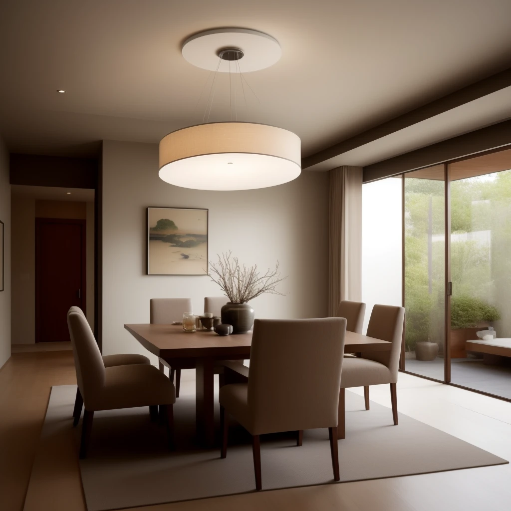 ((Best quality)), ((masterpiece)), ((realistic)) representation of a modern residential dining room design in Japanese style. The dining room seamlessly incorporates elements of Japanese aesthetics, capturing the essence of serenity and simplicity. The design infuses the space with a tranquil and inviting ambiance, creating a harmonious environment for dining. Soft, natural lighting diffuses gently, casting a warm glow that enhances the atmosphere. The color scheme revolves around earth tones and natural hues, reflecting the connection to nature. The high-definition image showcases the intricate details of the design, from the clean lines of the furniture to the delicate textures. This modern dining room design in Japanese style provides a serene and contemplative space for residents to enjoy meals in a calming and authentic atmosphere. On eye level, scenic, masterpiece.