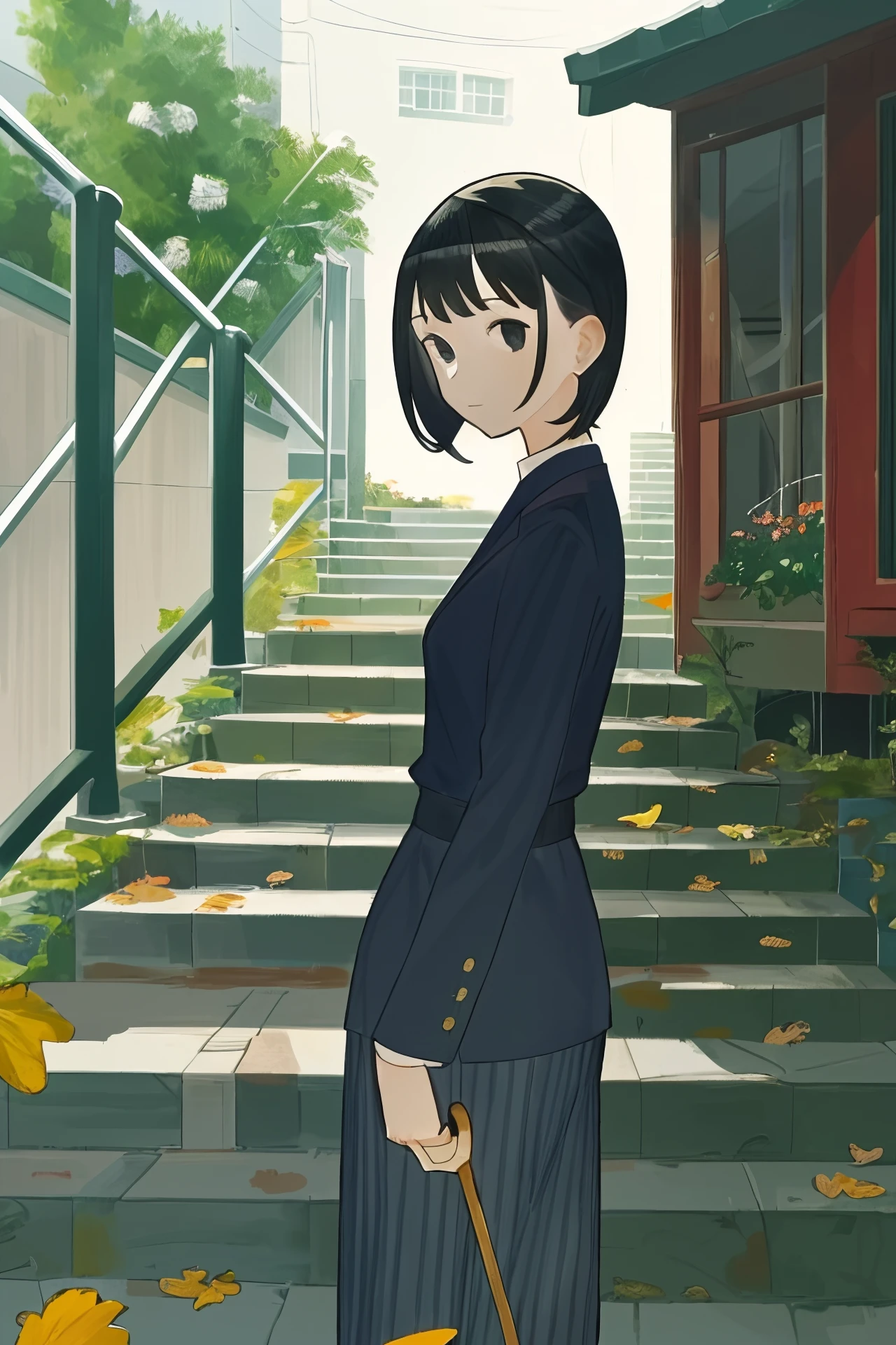 by sushi0831, pseudo-impasto, 1girl, solo, stairs, black hair, short hair, umbrella, looking at viewer, holding, black eyes