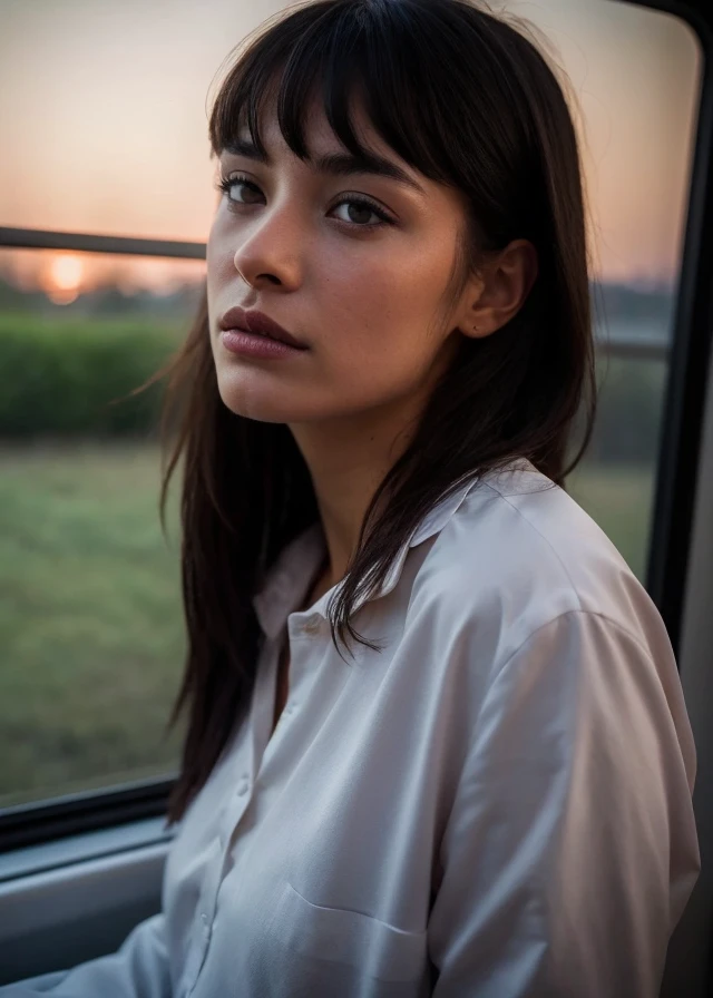 sitting woman, 25 yo, (bangs hair:1.2), ( black  very long hair:1.2), (gray eyes:1.2), faint lips, cowboy shot, front view, wear a  pajamas , in the train, rural landscape, window, on seat, her peaceful expression and gentle breathing create a calming atmosphere, natural skin texture, hyperrealism, hdr, hyperdetailed, RAW photo, photorealistic, best quality, highres, realistic, 8k, caustics, dynamic light, beautiful and delicate lips, delicate fingers, detailed pupil, real human skin,