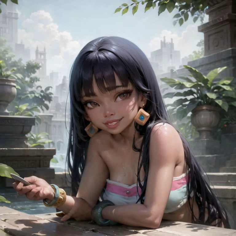 highres,masterpiece,1girl, face, chel_eldorado <lora:chel_eldorado-11:1>, smile, tube top, bare arms, black hair