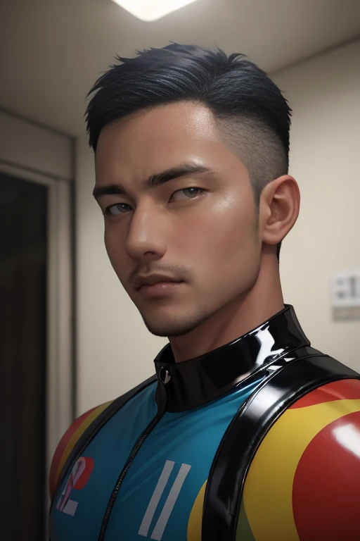 masterpiece, best quality, highres, realistic, (((1man))), adult male, Yoshi from Nintendo, muscular male, latex outfit, atmospheric lighting, dramatic, homoerotic,<lora:syahnk128-05:.75>, face of syahnk,handsome,masculine,skin pore,high detail face, eye view camera, from front side, 8K, HDR ultra-realistic,