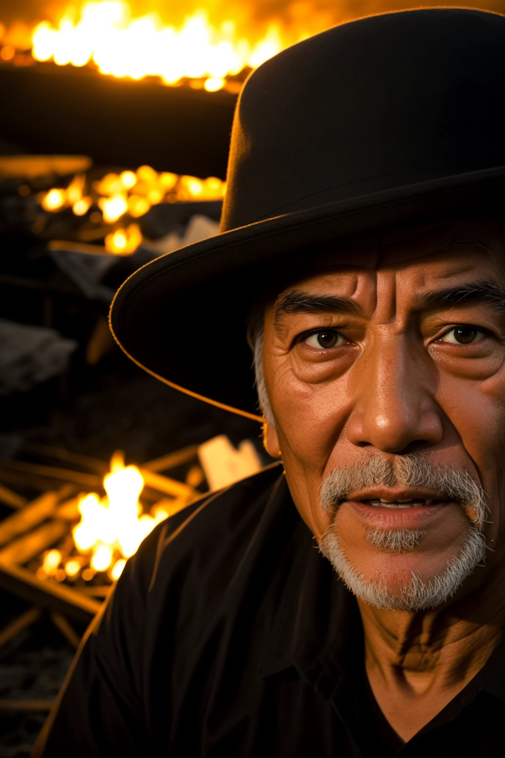 A close-up of a Vietnamese old man's face, illuminated by the light of a fire, with a backdrop of a dirty river and a shanty town. <lora:Elixir:0.5>