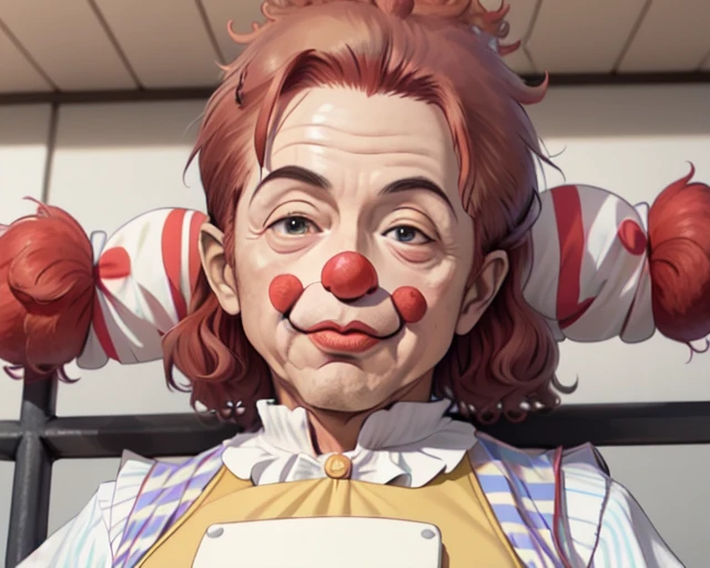 (old man clown face and red afro hair:1.5), chromatic_aberration, clown, cosplay_photo, depth_of_field, figure, film_grain, photorealistic, (a yellow vest with a red and white striped shirt:1.3), hisoka morow pose of abe takakazu, lying park bench, (detailed face:1.1)