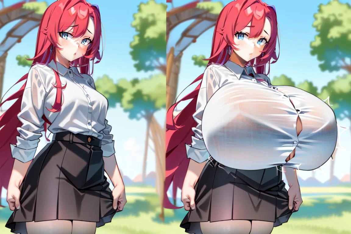 masterpiece, best quality, 1girl , pink hair, long hair, blue eyes, white shirt, buttoned shirt, black skirt, short skirt, (breast expansion:1.1), huge breasts, <lora:expansion:1>
