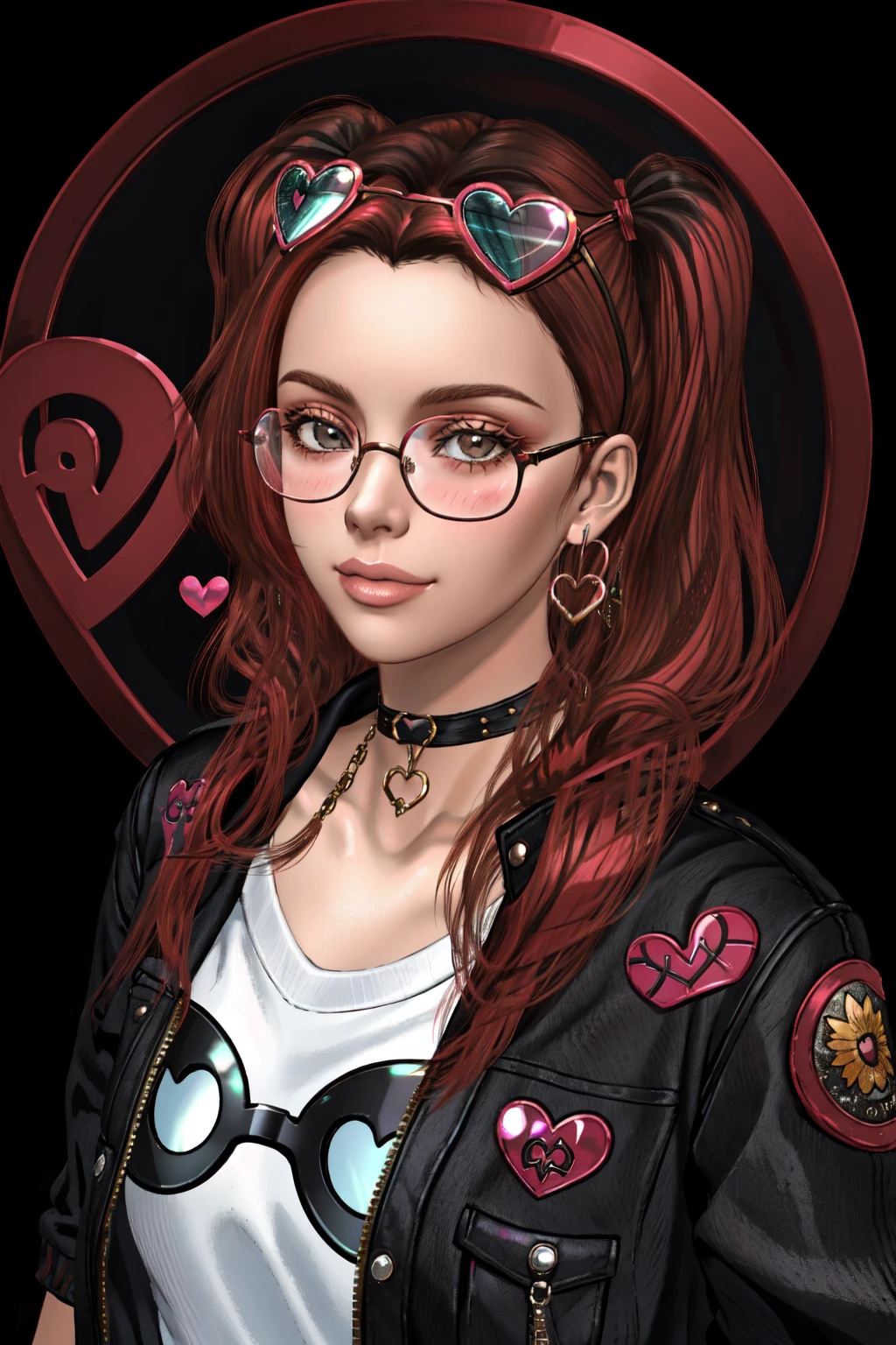 masterpiece, best quality, choker, Kitch, red hair, chibi, Transgender Female, heart, earrings, looking at viewer, jacket, :3, jewelry, upper body, heart-shaped eyewear, eyewear on head, shirt, portrait, animal print, smile, twintails, black background, red jacket, blush, hoop earrings, sunglasses , <lora:Kitch_Full:0.5> <lora:SecondLife:0.2>