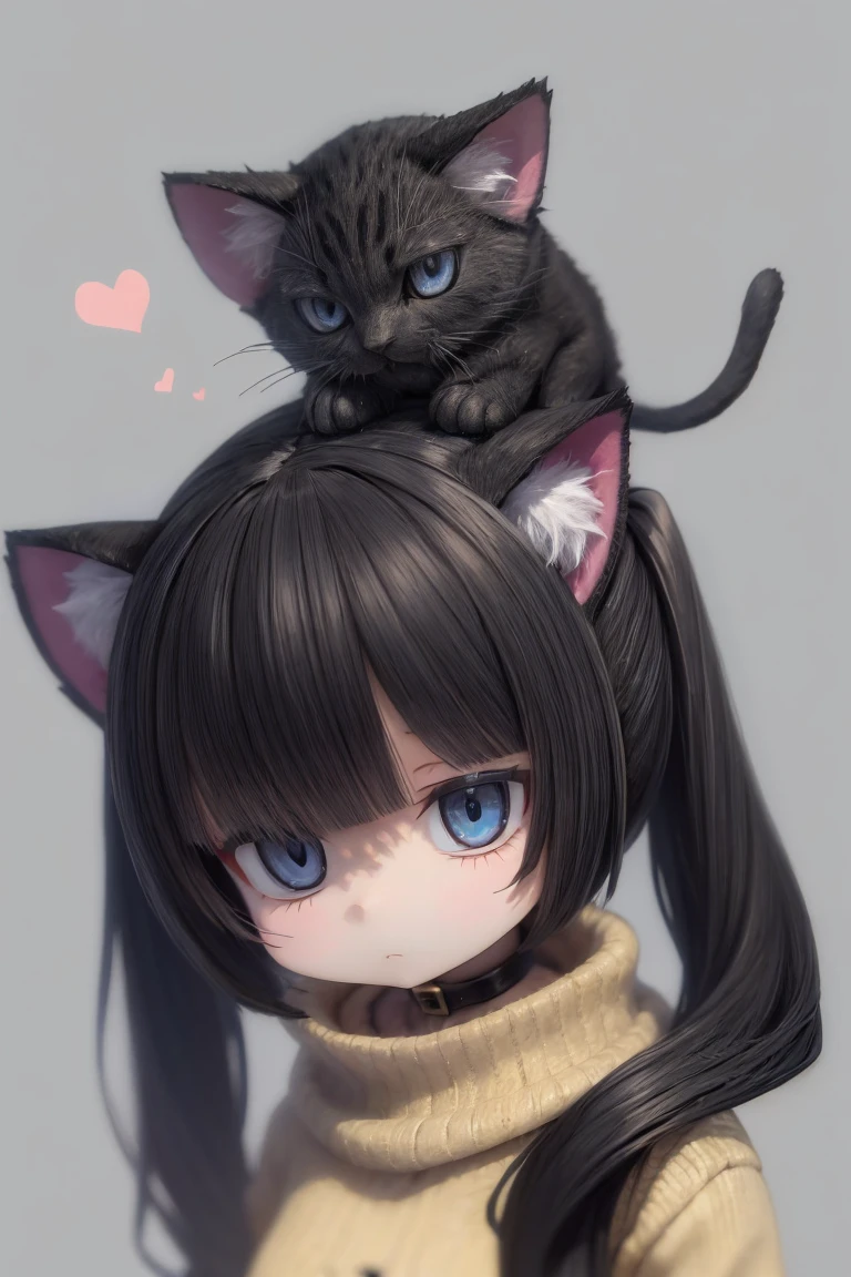 animal girl,black animal hair,twintails,cat ears,blue eyes,expressionless,black cat on head,tail,