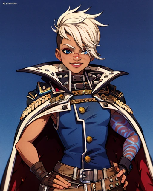 Tyreen ,white hair,blue eyes,two-tone hair, dark skin, blue left arm tattoo, scars on face:1.1, undercut, eyeshadow, eyebrow cut, makeup, hands on hips,
TyrCoat, fingerless gloves ,sleeveless,belt,spikes,boots,pants,collar ,cape,shirt, brown attire,
standing, close up, upper body, face, smiling,
(insanely detailed, beautiful detailed face, masterpiece, best quality) <lora:TyreenCalypso:0.8>