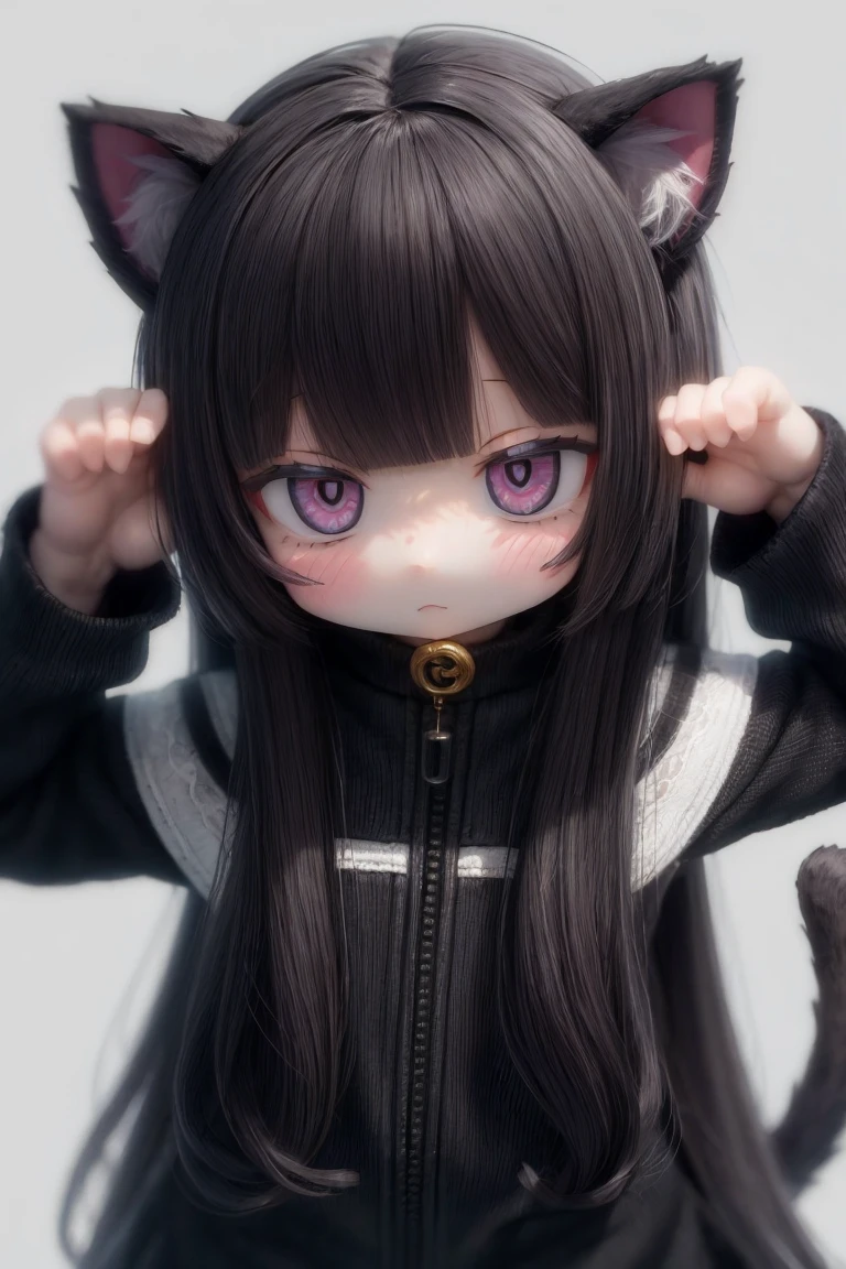 1girl,Voluminous hair,Thick hair,Dense hair,long hair, black eyes, black cat ears,miniskirt
