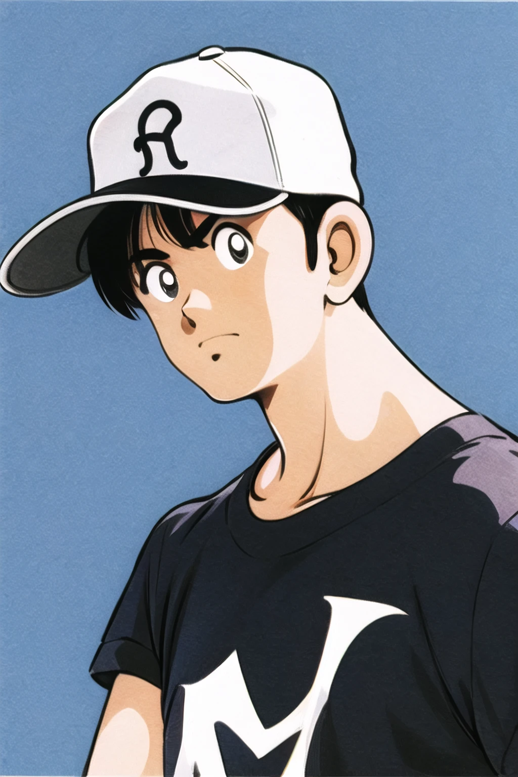 <lora:Adachi:0.9>,solo, male focus, 1boy, hat, shirt, black shirt, upper body, baseball cap, white background, black hair, simple background, blue headwear, black eyes, closed mouth, short hair, looking to the side