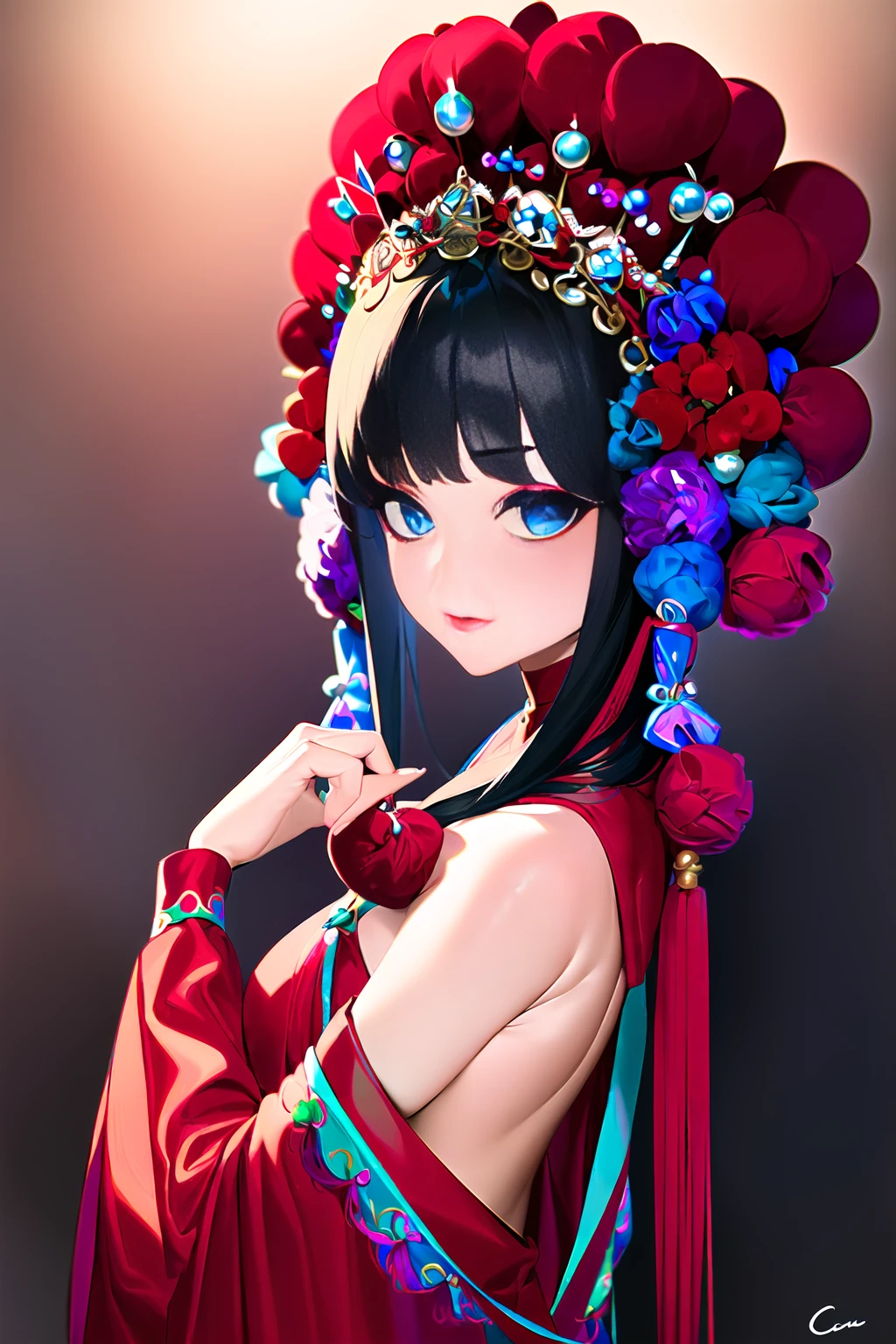 masterpiece,
1 girl, CNoperaCostume, CNoperaheaddress, CNoperaFlag, (makeup), tassel, low Saturation, darker, black hair, headdress, from side, looking at viewer,