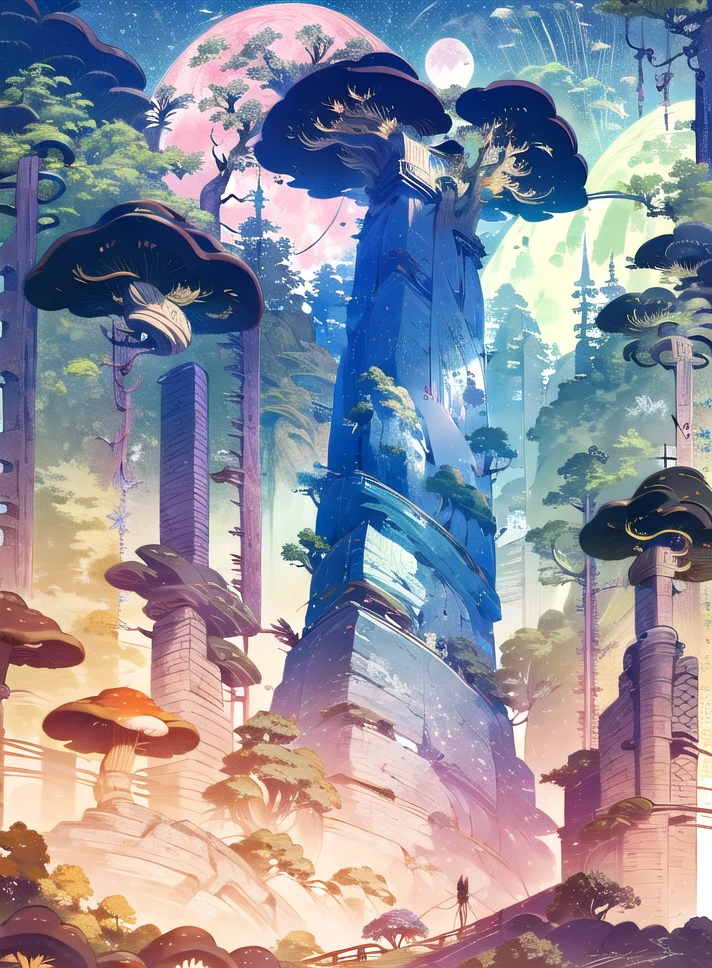 best quality, 4K wallpaper, masterpiece, extremely detailed CG unity 8k wallpaper, extremely detailed eyes, ultra-detailed, intricate details, fantasy background, potrait, beautifull wallpaper, forest, mushroom tree, night, cloudy sky, full moon, planet, rainbow, outdoors, <lora:duobackground:1>