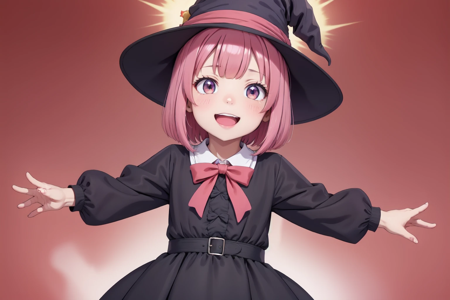 masterpiece,(best quality, high quality, highres:1.2), a woman in a witches hat and black dress with lights behind her and a pink background with a starburst, blurry, depth_of_field, facing_viewer, red_background, red_sky, smile, solo, bloodborne, a hologram, magical realism, (flat_color:1.1), (anime_coloring:1.1), (realistic_nose:-0.8),(megami magazine:1.1), open hands, pink hair