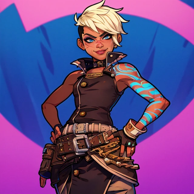 Tyreen ,white hair,blue eyes,two-tone hair, dark skin, blue left arm tattoo, scars on face:1.1, undercut, eyeshadow, eyebrow cut, makeup, hands on hips,
TyrCoat, fingerless gloves ,sleeveless,belt,spikes,boots,pants,collar ,shirt, brown attire,
standing, close up, upper body, face, smiling,
(insanely detailed, beautiful detailed face, masterpiece, best quality) <lora:TyreenCalypso:0.8>