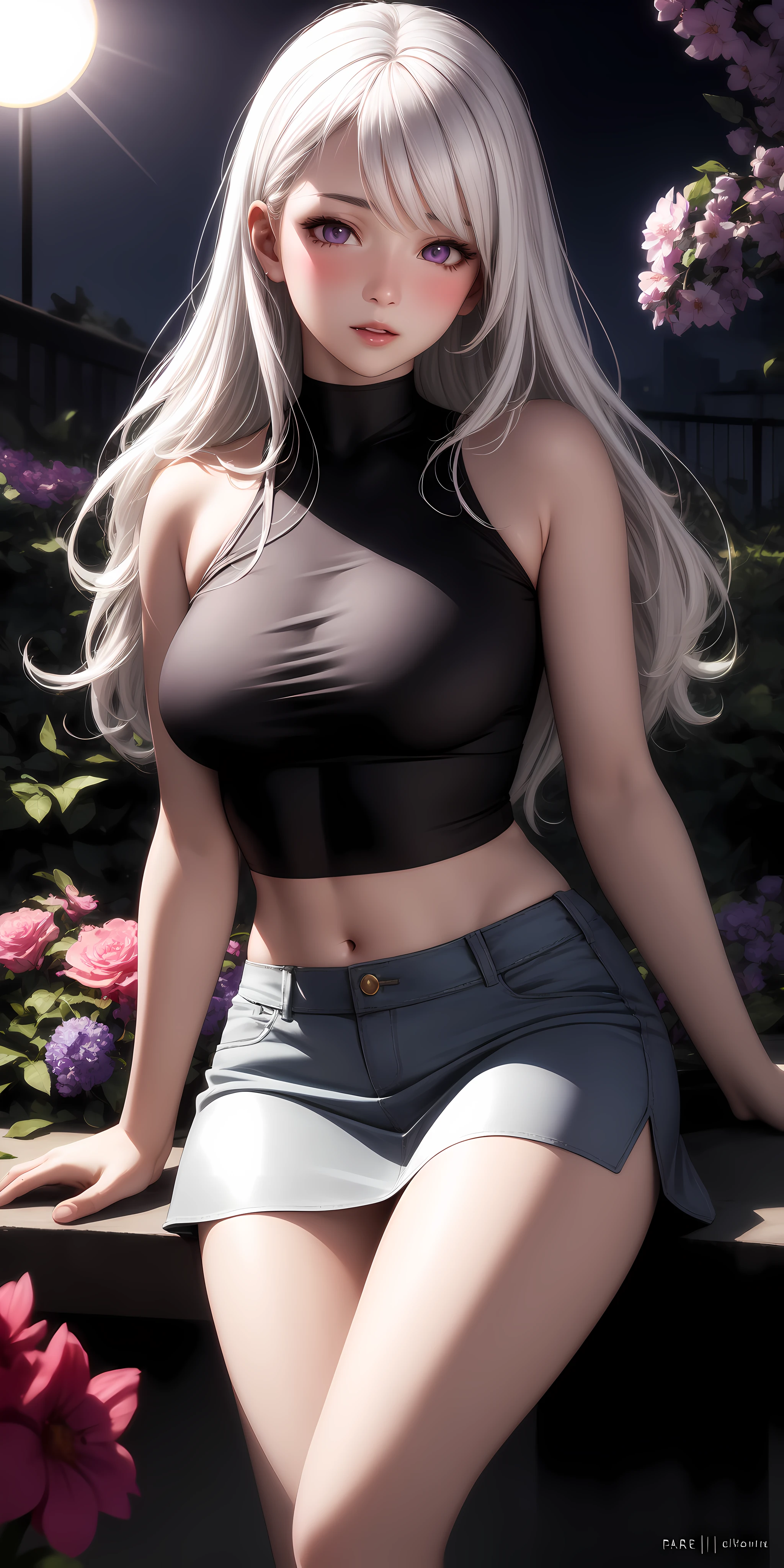 realistic, 1girl, white hair, purple eyes, glowing eyes, crop top, skirt, parted lips, blush, night, flowers, sun, sunlight,