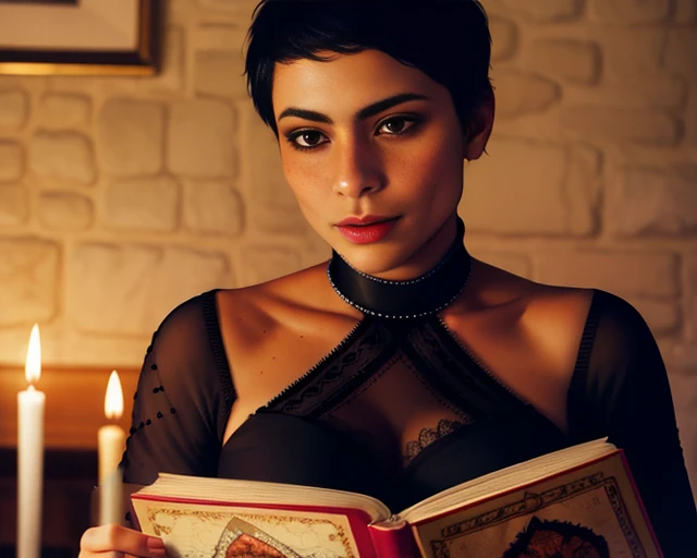 Cassandra,brown eyes,freckles, scar on cheek:1.1, very short black hair , dark skin, .makeup, solo, blushing, looking at book:11, looking down, shock eyes, mouth closed,
wearing a sheer black dress, covered nipples, laying in bed,
reading a romantic novel,
in a room, candle lights, moody environment, medieval, dark room, pillow
(insanely detailed, beautiful detailed face, masterpiece, best quality) <lora:Cassandra:0.7>