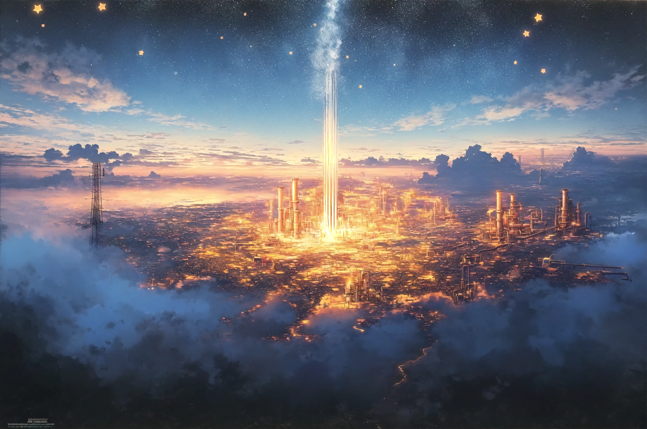 masterpiece, best quality, landscape, no humans, from above, over cloud sea,oil painting \(medium\) fake sky,(multiple fake stars falling from sky),floating star shape falling down,broken ground,(There is a kingdom on an island that floats in the air with a mechanical power plant:1.3)