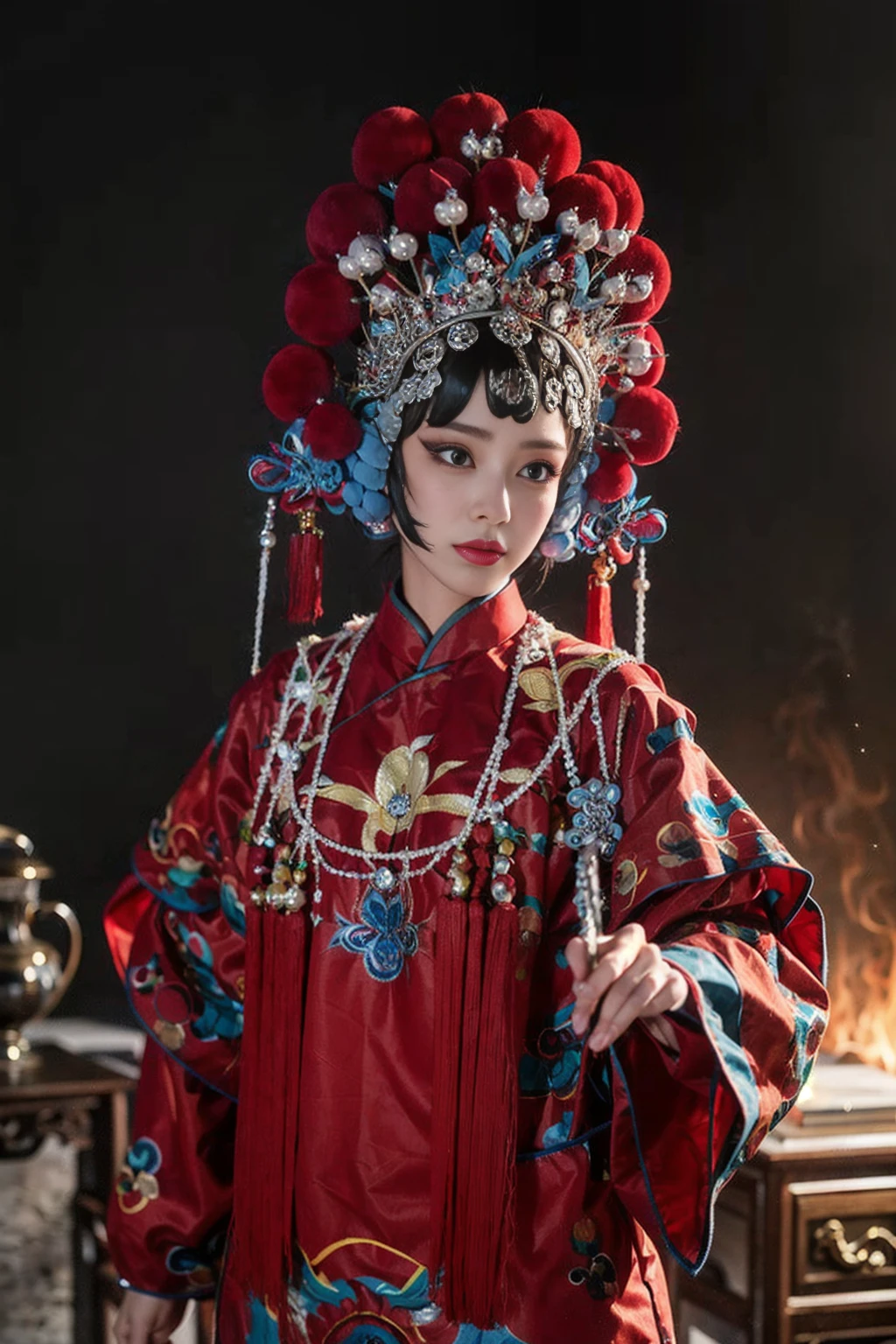 masterpiece, 1 girl, chinese opera, CNoperaCostume, CNoperaheaddress, CNoperaFlag, makeup, handdress,