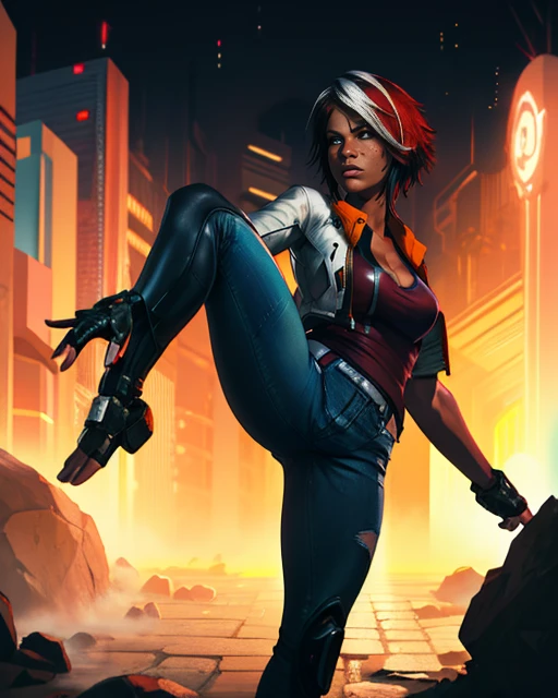 Nillin,multicolored hair,blue eyes, short hair brown hair,white hair,freckles, solo, standing, kicking, one leg up,
NiClo,demin jeans,belt,cropped jacket, red shirt:1.1, fingerless gloves,boots, mechanical right arm, cleavage,
standing, serious face,
cyberpunk town, nighttime, outside,
(insanely detailed, beautiful detailed face, masterpiece, best quality) <lora:Nillin:0.8>
