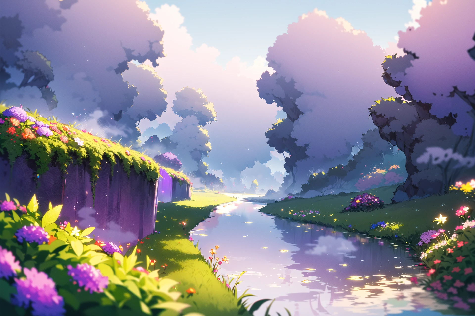 (((masterpiece))),(((best quality))),(((extremely detailed))),
chromatic aberration abuse,pastel color,
Depth of field,
field,garden of the sun,shiny,water,river,stone,green hill zone,Purple tint,(Purple fog:1.3)