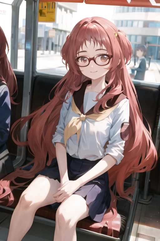 aimie, glasses, sitting, smile, looking at viewer, city <lora:ai_mie_v3.1-000005:1>