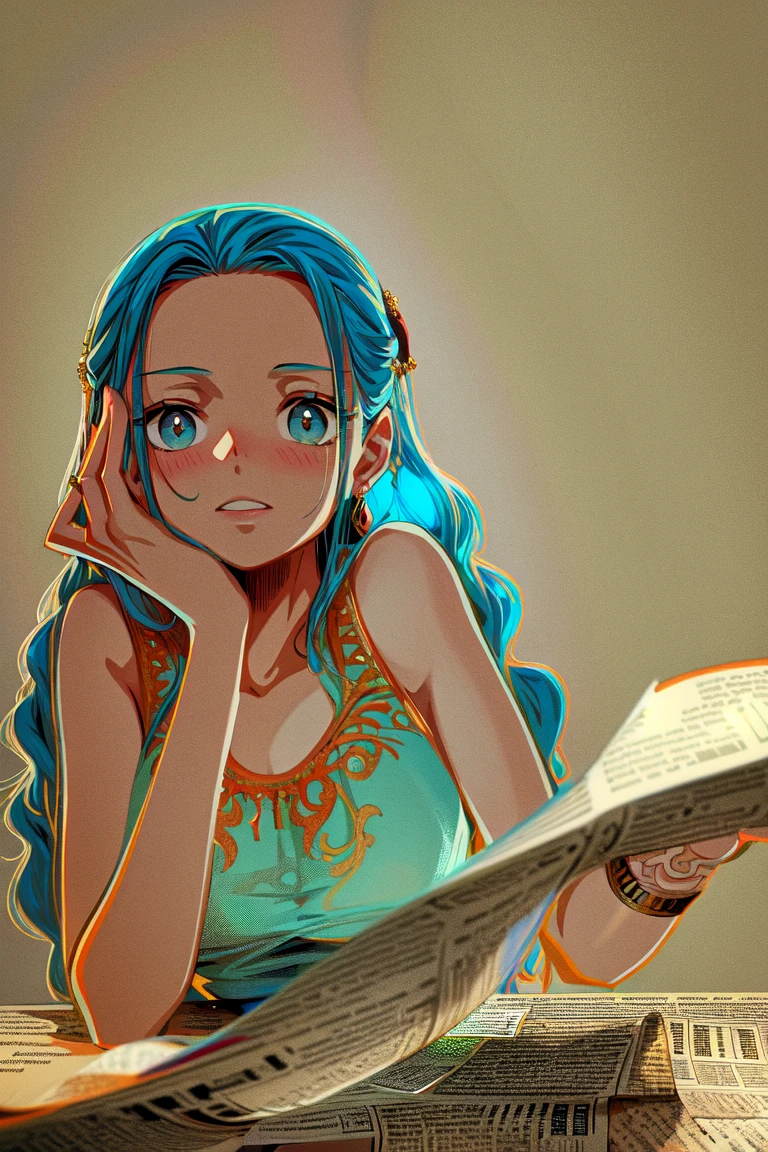ultra realistic 8k cg, (ultra detailed background, delicate pattern, intricate detail, highly detailed, fine details), best quality, (photorealistic:1.4),beautiful lighting, absurdres, RAW photo, film grain, ((medium breasts, slim girl)), NefertariVivi, 1girl, long hair, blue hair, solo, jewelry, earrings, ((small breasts, slim girl, dress)), ponytail, hair ornament, sky, blue eyes, (complex detailed background, inside, table, room environment, looking down, newspaper, concerned look), <lora:BeautifulDetailedEyes:0.4>, <lora:DetailTweaker:0.5>, <lora:NefertariVivi:0.8>