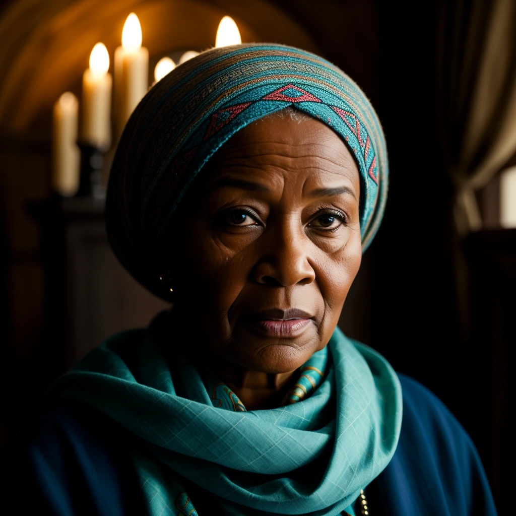 photo RAW,(a congolese woman, wrinkles, aged, necklace, crowded papers room, closeup, neutral colors, barren land), masterpiece, award winning photography, natural light, perfect composition, high detail, hyper realistic,lens flare,Timeless Elegance, Classic Tones, Refined Lighting, depth of field,sharp focus