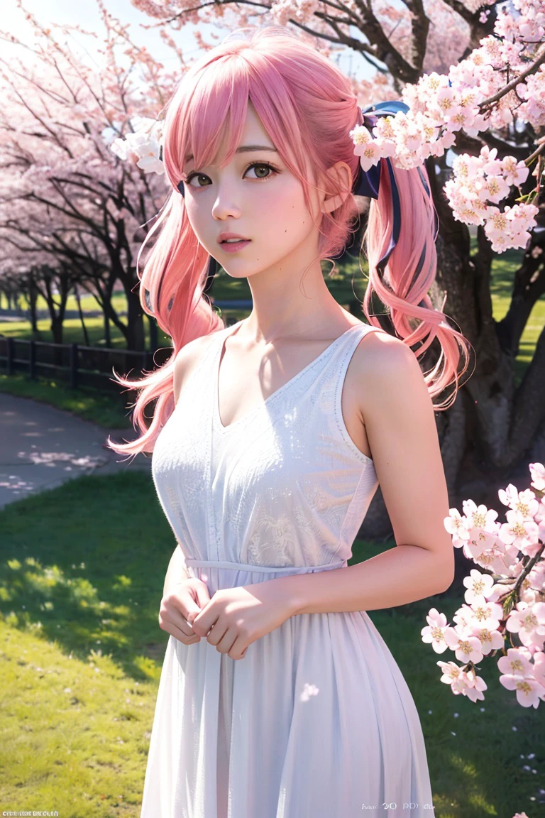 (8k, RAW photo, realistic, photo-realistic:1.5), masterpiece, best quality, high resolution, extremely detailed, detailed background, cinematic lighting, lens flare, outdoors, sunny, nature, cherry blossom, blue sky, 1girl, pink hair, white dress, twintails
