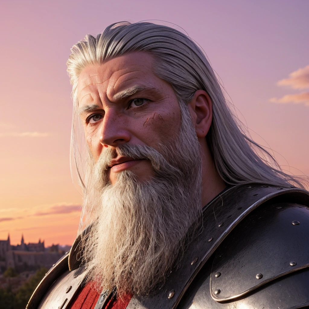 nighttime, wearing medieval armor, medieval castle in background, photo of old warrior man with silver beard, long silver hair, wrinkled skin, the best picture, scars on face, (highly detailed face:1.4), pale skin, (detailed skin texture:1.2), (red sky:1.2), 8K, (photorealistic:1.5), ultrasharp, (masterpiece), best quality, (extremely detailed:1.3), <lyco:GoodHands-beta2:1.0>, perfect hands,